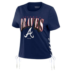 Atlanta Braves WEAR by Erin Andrews Women's Side Lace-Up Cropped T-Shirt | MLB On Sale