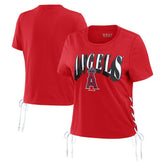 Los Angeles Angels WEAR by Erin Andrews Women's Side Lace-Up Cropped T-Shirt | MLB Shop