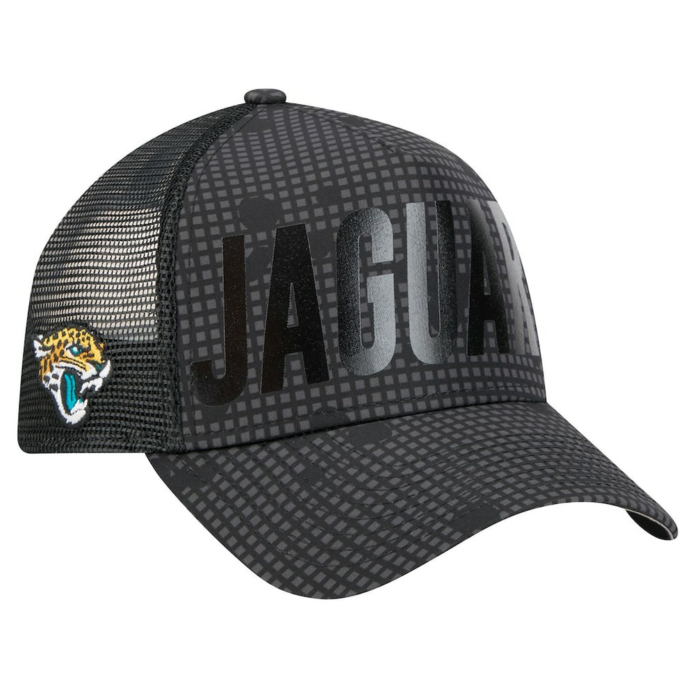 Jacksonville Jaguars New Era Midnight Ink Tonal Text A-Frame Trucker 9FORTY Adjustable Hat