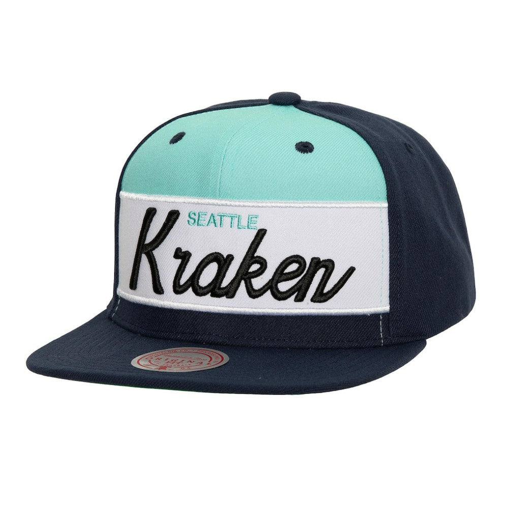 Seattle Kraken Mitchell & Ness Retro Script Colorblock Snapback Hat Sale
