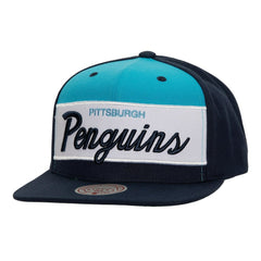 Pittsburgh Penguins Mitchell & Ness Retro Script Colorblock Snapback Hat For Sale