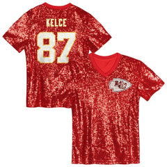 Kansas City Chiefs Travis Kelce Girls Youth Sequin V-Neck Fashion Jersey