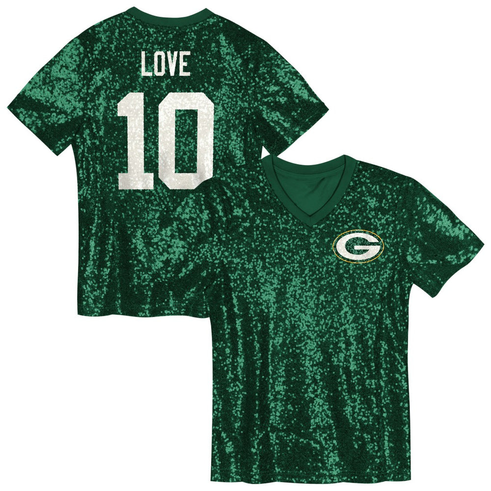 Green Bay Packers Jordan Love Girls Youth Sequin V-Neck Fashion Jersey