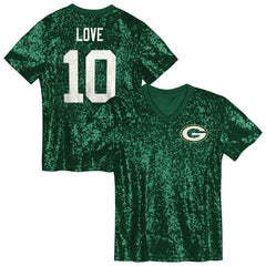 Green Bay Packers Jordan Love Girls Youth Sequin V-Neck Fashion Jersey