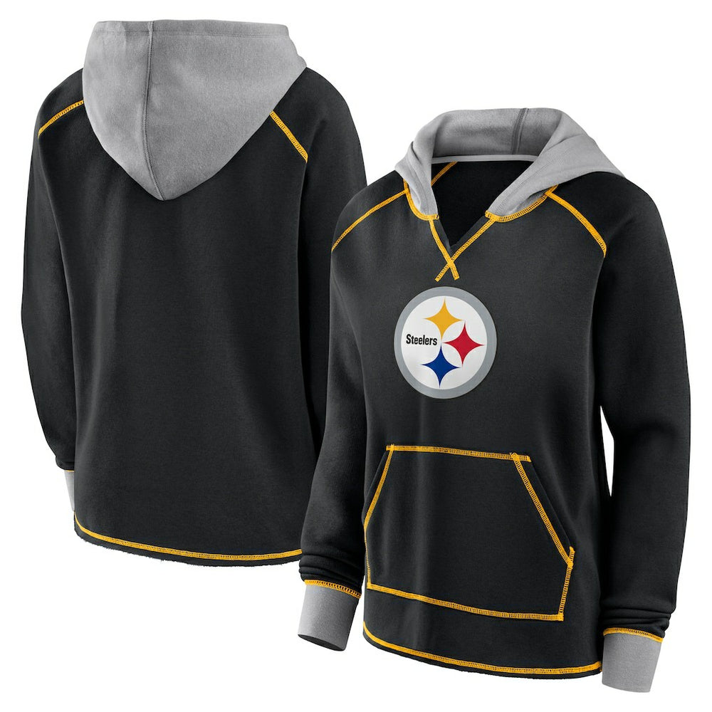 Pittsburgh Steelers Logo Athletic Women's Boom Fleece Pullover V-Neck Hoodie