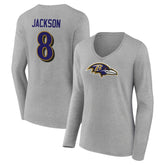 Baltimore Ravens Lamar Jackson Women's Icon Player Name & Number Long Sleeve V-Neck T-Shirt