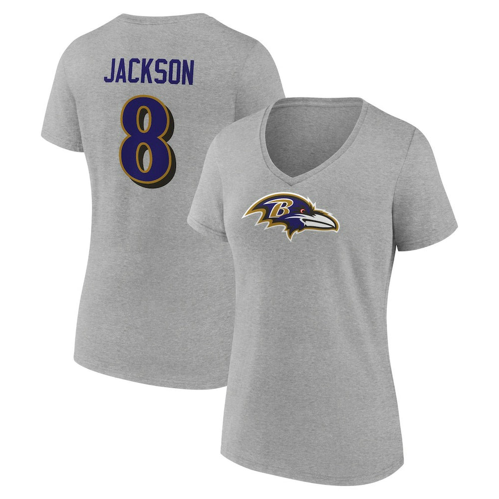 Baltimore Ravens Lamar Jackson Women's Icon Player Name & Number V-Neck T-Shirt