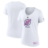 New Jersey Devils Fanatics Women's 2024 Hockey Fights Cancer V-Neck T-Shirt Sale