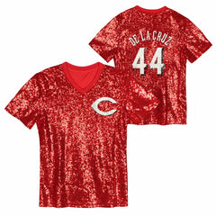 Elly De La Cruz Cincinnati Reds Juniors Name & Number Sequin V-Neck Top | MLB On Sale