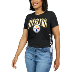 Pittsburgh Steelers WEAR by Erin Andrews Women's Lace Up Side Modest Cropped T-Shirt