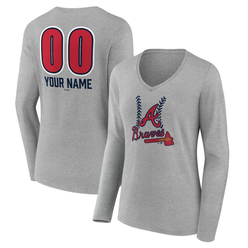 Atlanta Braves Women's Personalized Name & Number Fastball Long Sleeve V-Neck T-Shirt | MLB Sale