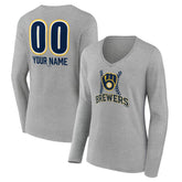 Milwaukee Brewers Women's Personalized Name & Number Fastball Long Sleeve V-Neck T-Shirt | MLB Near me