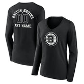 Boston Bruins Women's Personalized Name & Number Monochrome Long Sleeve V-Neck T-Shirt Outlet