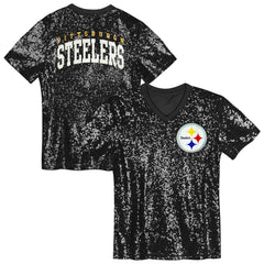Pittsburgh Steelers Girls Youth Wordmark Sequin V-Neck Top