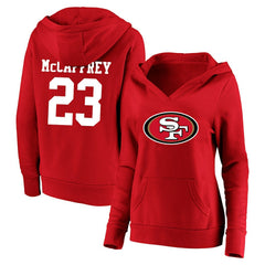 San Francisco 49ers Fanatics Christian McCaffrey Women's Plus Size Player Name & Number V-Neck Pullover Hoodie