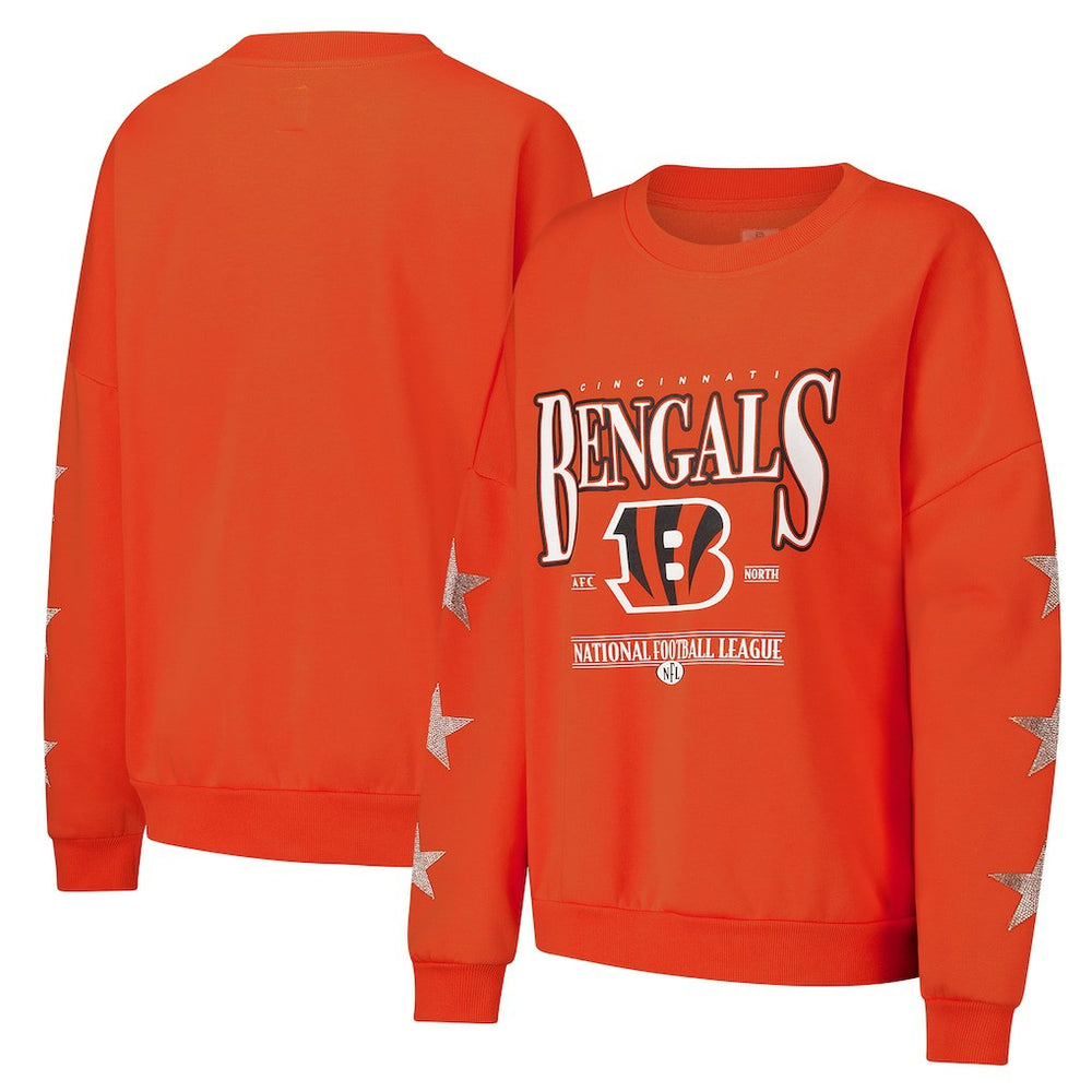 Cincinnati Bengals Gameday Couture Women's Rhinestone Star Sleeve Settle the Score Oversized Pullover Sweatshirt