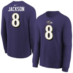 Baltimore Ravens Nike Lamar Jackson Youth Player Name & Number Long Sleeve T-Shirt