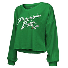 Philadelphia Eagles Saquon Barkley Majestic Threads Women's Name & Number Off-Shoulder Script Cropped Long Sleeve Relaxed V-Neck T-Shirt