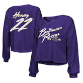Baltimore Ravens Derrick Henry Majestic Threads Women's Name & Number Off-Shoulder Script Cropped Long Sleeve Relaxed V-Neck T-Shirt