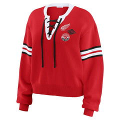 Detroit Red Wings WEAR by Erin Andrews Women's Cropped Lace-Up Sweater For Sale