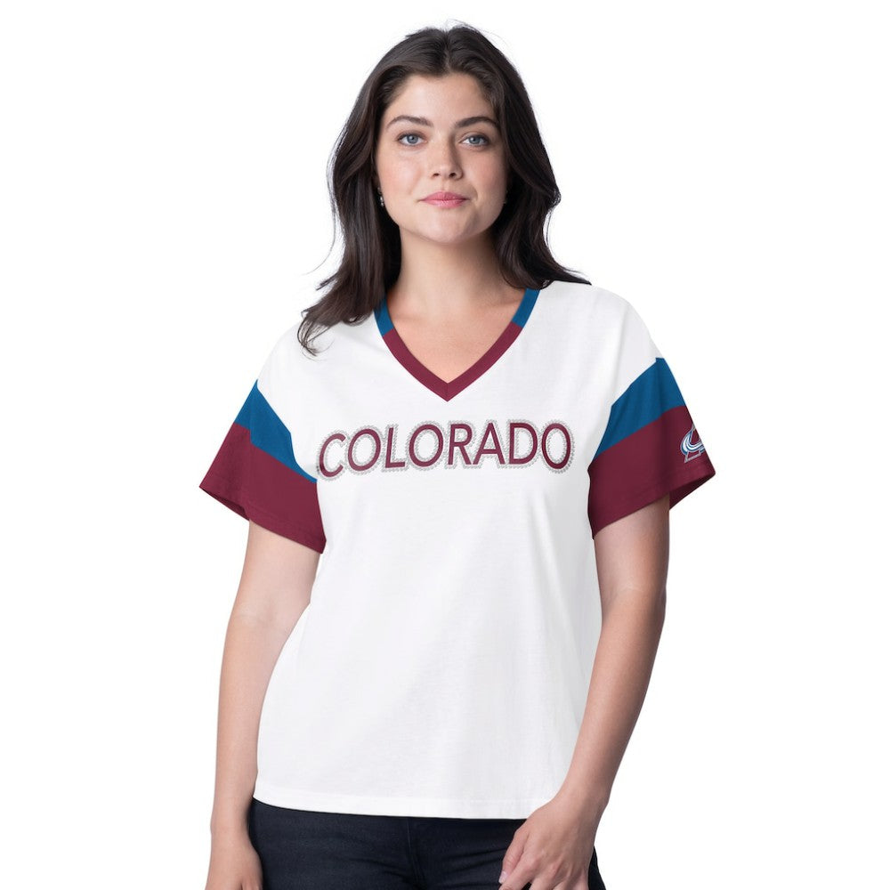 Colorado Avalanche G-III 4Her by Carl Banks Women's Rink Oversized Rhinestone V-Neck T-Shirt Online