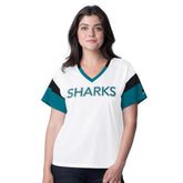 San Jose Sharks G-III 4Her by Carl Banks Women's Rink Oversized Rhinestone V-Neck T-Shirt Discount