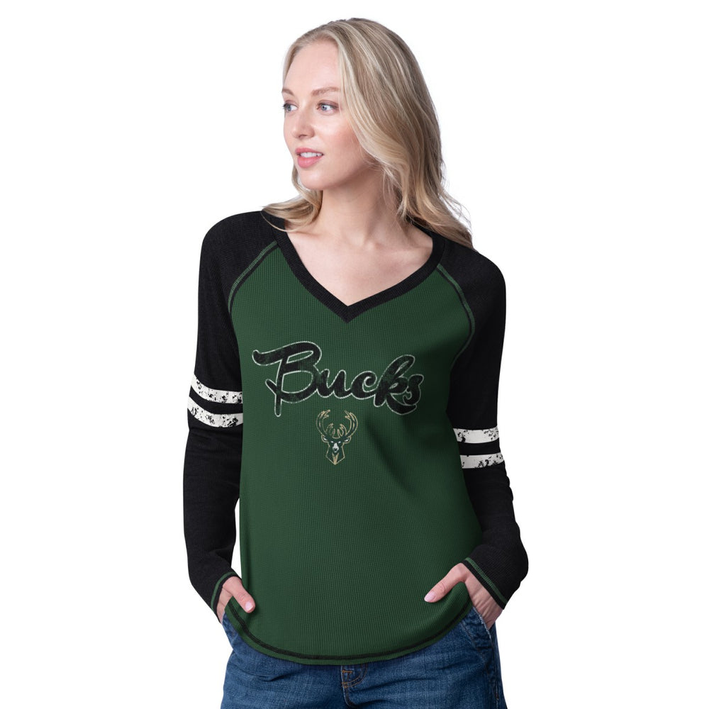Milwaukee Bucks G-III 4Her by Carl Banks Women's Winner Waffle Knit Thermal Long Sleeve Tri-Blend T-Shirt For Sale