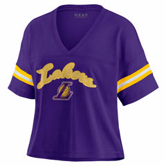 Los Angeles Lakers WEAR by Erin Andrews Women's Plus Size Color Block Boxy V-Neck T-Shirt Outlet