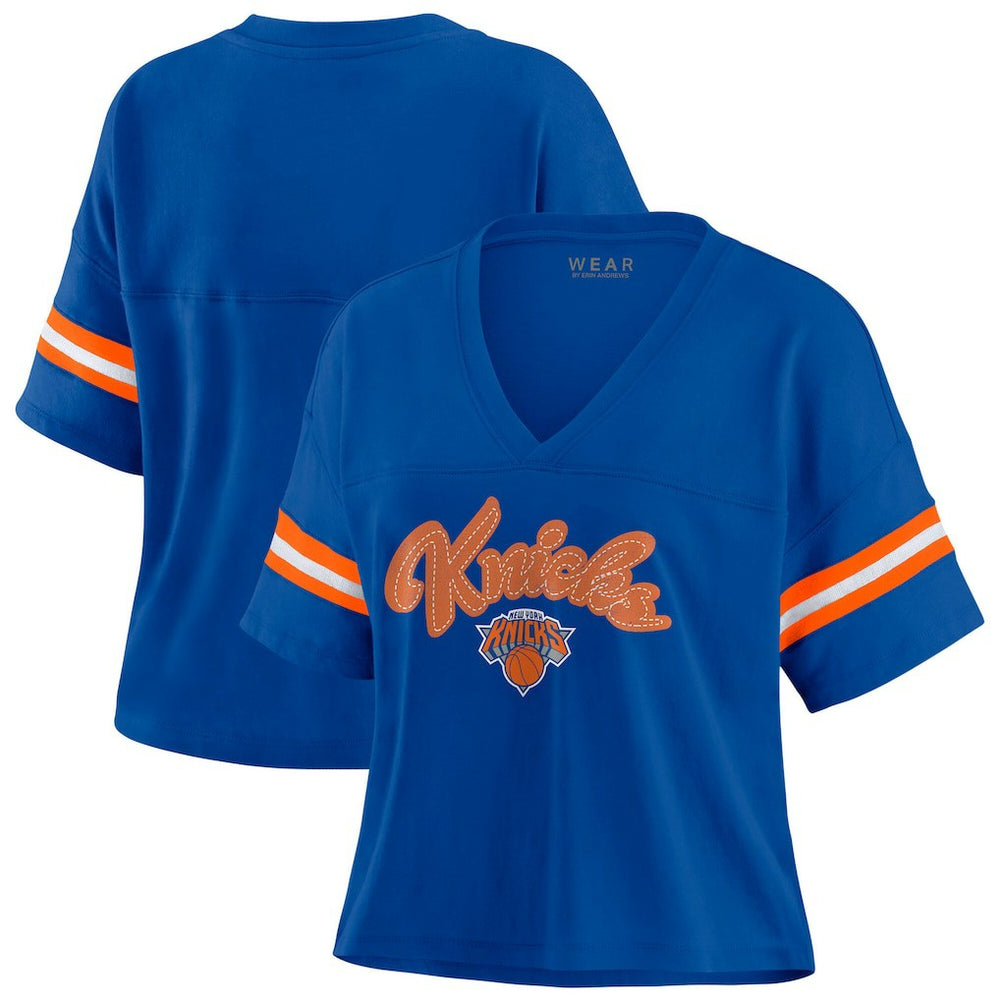 New York Knicks WEAR by Erin Andrews Women's Plus Size Color Block Boxy V-Neck T-Shirt On Sale