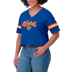 New York Knicks WEAR by Erin Andrews Women's Plus Size Color Block Boxy V-Neck T-Shirt On Sale