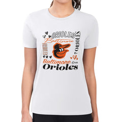 Baltimore Orioles G-III 4Her by Carl Banks Women's Super-Slim Fit Lightweight Collage Team Graphic Crew Neck T-Shirt | MLB Discount
