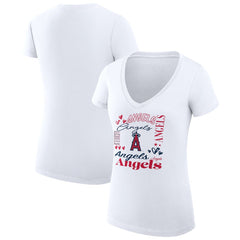 Los Angeles Angels G-III 4Her by Carl Banks Women's Super-Slim Fit Lightweight Collage Team Graphic V-Neck T-Shirt | MLB New