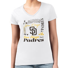 San Diego Padres G-III 4Her by Carl Banks Women's Super-Slim Fit Lightweight Collage Team Graphic V-Neck T-Shirt | MLB For sale