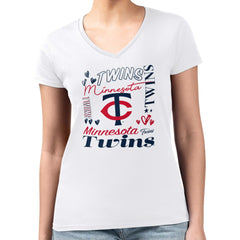 Minnesota Twins G-III 4Her by Carl Banks Women's Super-Slim Fit Lightweight Collage Team Graphic V-Neck T-Shirt | MLB New