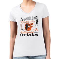 Baltimore Orioles G-III 4Her by Carl Banks Women's Super-Slim Fit Lightweight Collage Team Graphic V-Neck T-Shirt | MLB On Sale