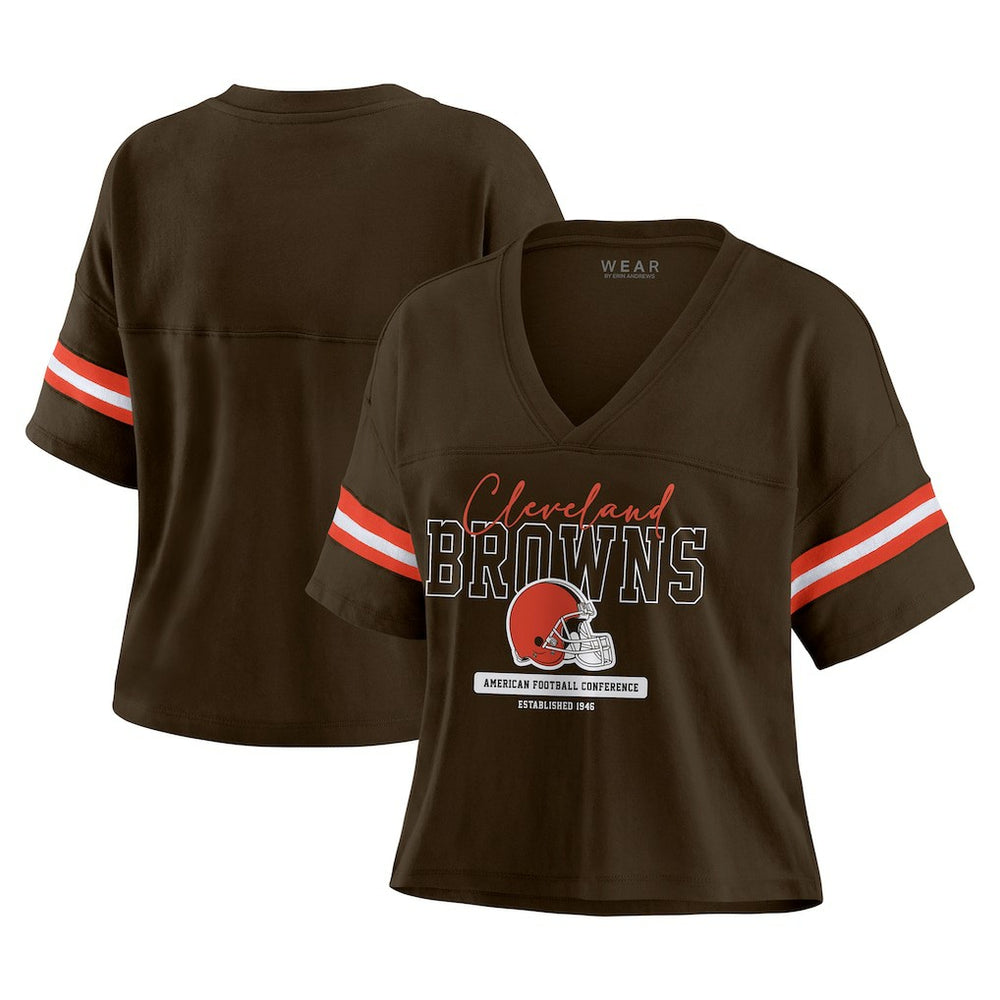 Cleveland Browns WEAR by Erin Andrews Women's Color Block Boxy Modest Crop V-Neck T-Shirt