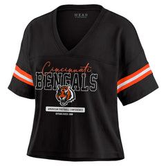 Cincinnati Bengals WEAR by Erin Andrews Women's Color Block Boxy Modest Crop V-Neck T-Shirt
