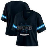 Carolina Panthers WEAR by Erin Andrews Women's Color Block Boxy Modest Crop V-Neck T-Shirt