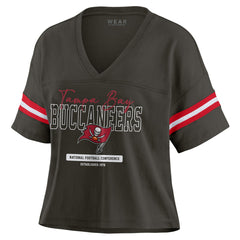 Tampa Bay Buccaneers WEAR by Erin Andrews Women's Color Block Boxy Modest Crop V-Neck T-Shirt