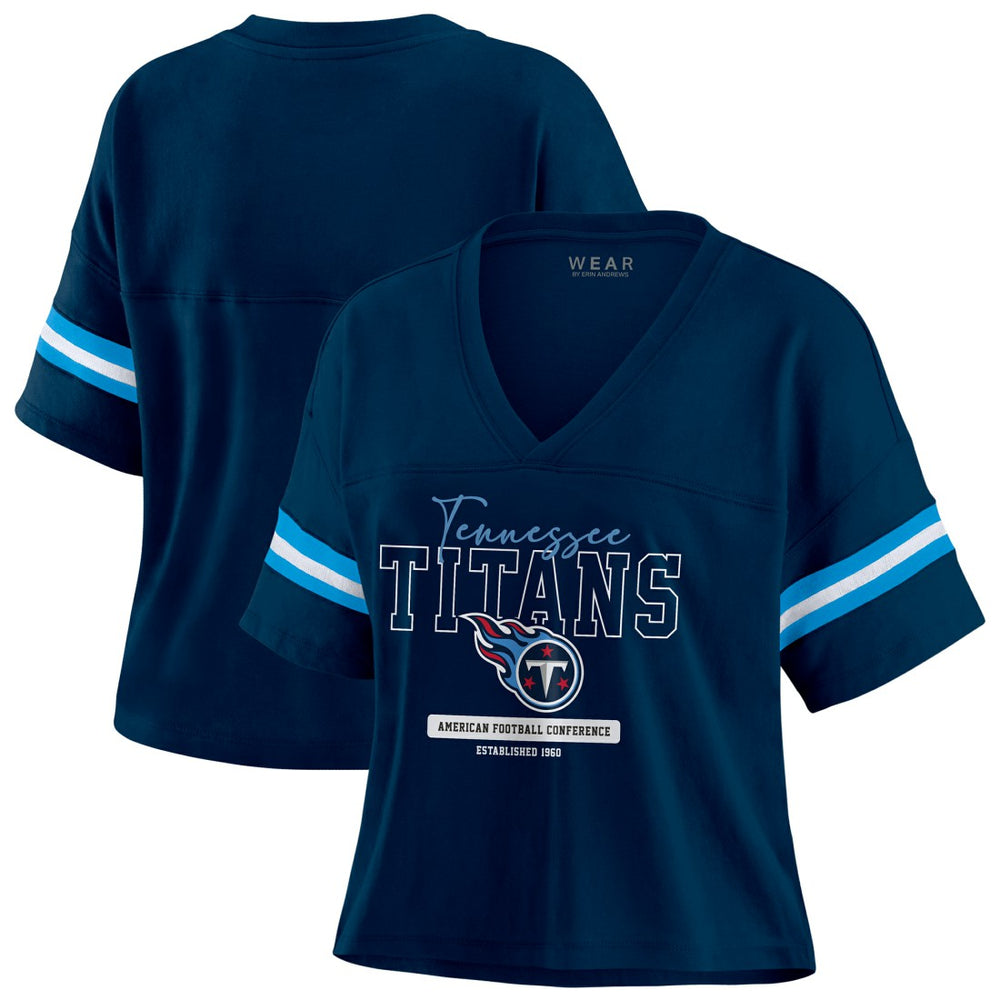 Tennessee Titans WEAR by Erin Andrews Women's Color Block Boxy Modest Crop V-Neck T-Shirt