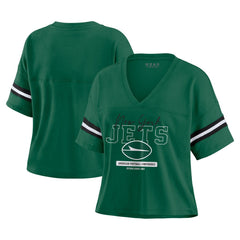 New York Jets WEAR by Erin Andrews Women's Color Block Boxy Modest Crop V-Neck T-Shirt