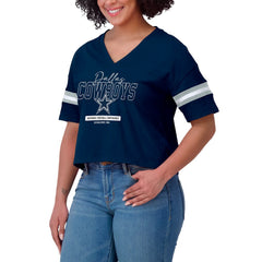 Dallas Cowboys WEAR by Erin Andrews Women's Color Block Boxy Modest Crop V-Neck T-Shirt
