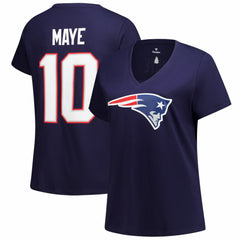 New England Patriots Fanatics Drake Maye Women's Plus Size Name & Number V-Neck T-Shirt