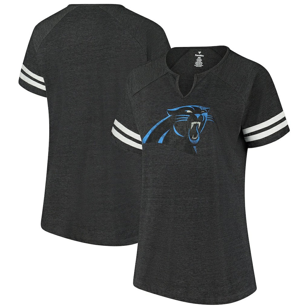 Carolina Panthers Fanatics Women's Plus Size Logo Striped Raglan Notch Neck T-Shirt