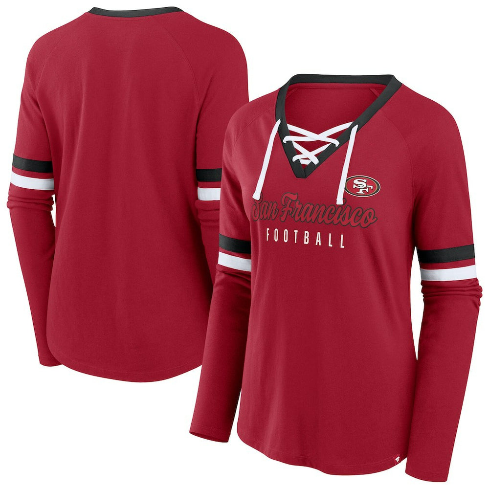 San Francisco 49ers Fanatics Women's Plus Size Won & Done Lace-Up V-Neck Long Sleeve T-Shirt
