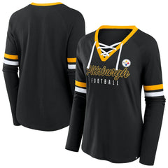 Pittsburgh Steelers Fanatics Women's Plus Size Won & Done Lace-Up V-Neck Long Sleeve T-Shirt