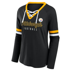 Pittsburgh Steelers Fanatics Women's Plus Size Won & Done Lace-Up V-Neck Long Sleeve T-Shirt