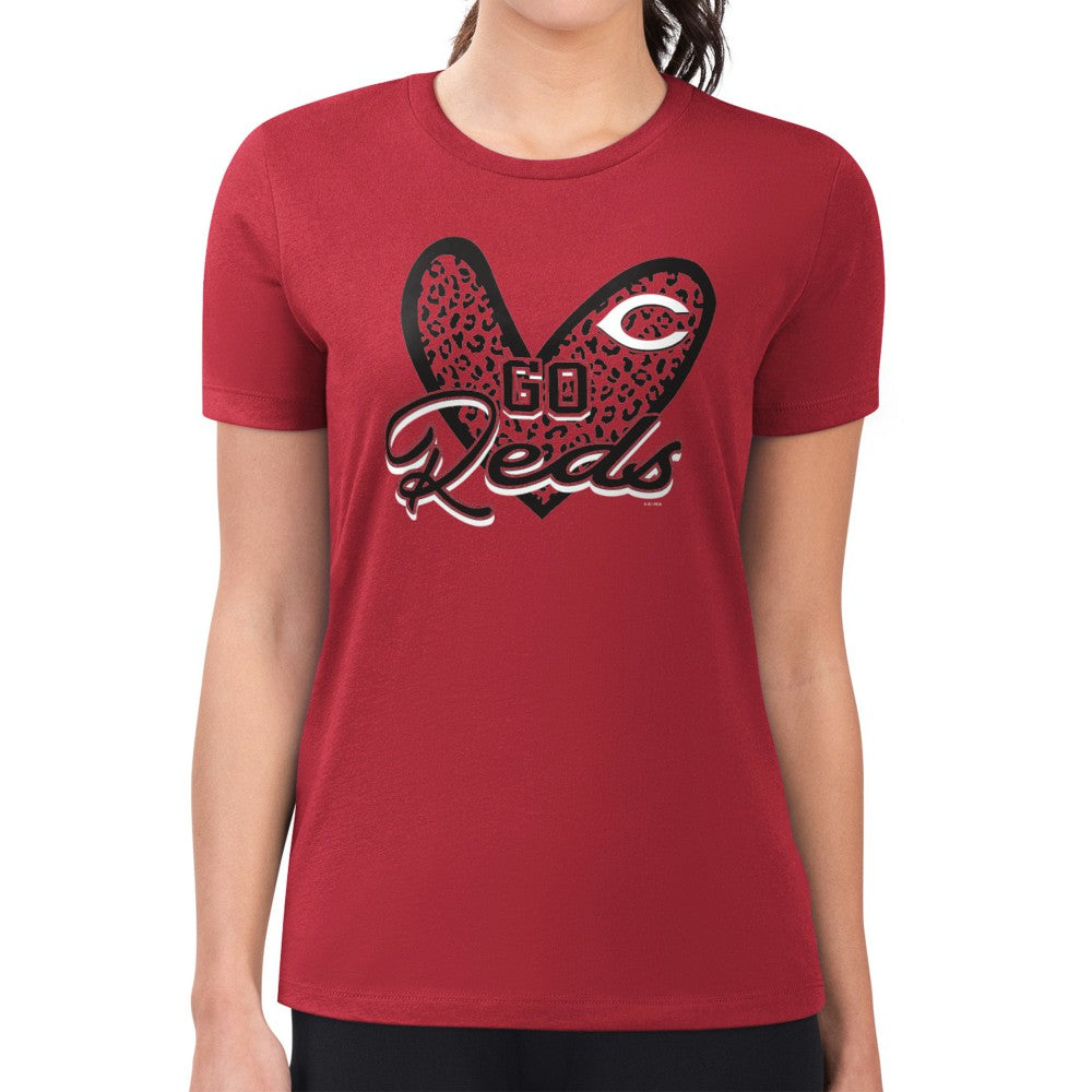Cincinnati Reds G-III 4Her by Carl Banks Women's Super-Slim Fit Lightweight Leopard Heart T-Shirt | MLB Online