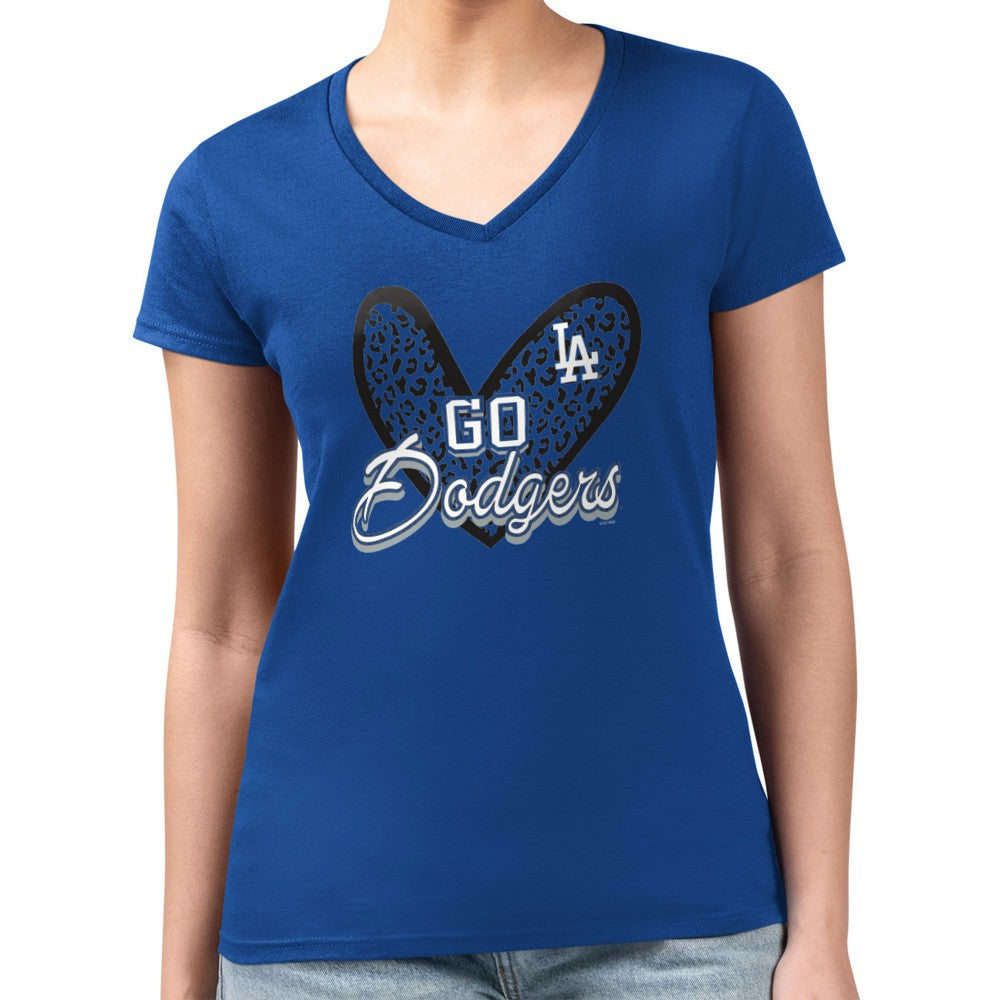 Los Angeles Dodgers G-III 4Her by Carl Banks Women's Super-Slim Fit Lightweight Leopard Heart V-Neck T-Shirt | MLB Online