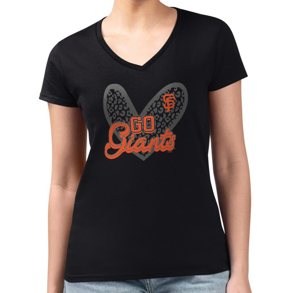 San Francisco Giants G-III 4Her by Carl Banks Women's Super-Slim Fit Lightweight Leopard Heart V-Neck T-Shirt | MLB For sale
